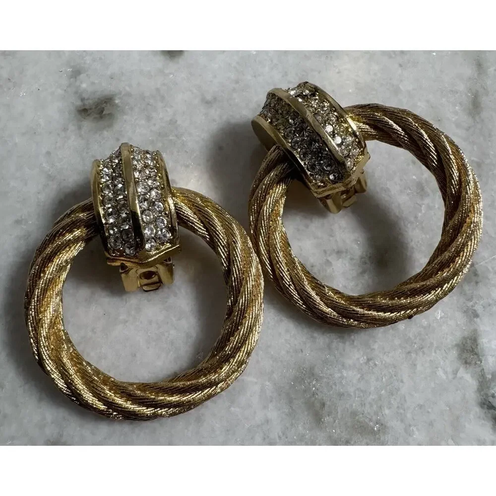 Vintage Auth Christian Dior Chunky Gold Tone Rhinestone Door knocker Earrings